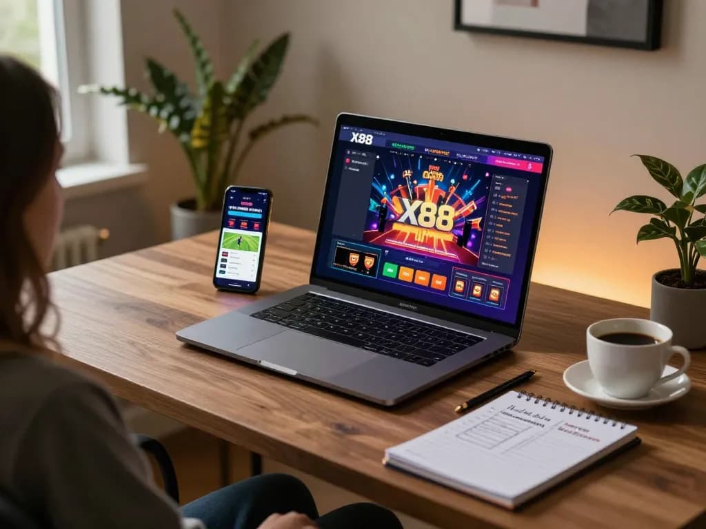 X88 online casino gaming interface displayed on laptop with strategic notes in comfortable home setup.