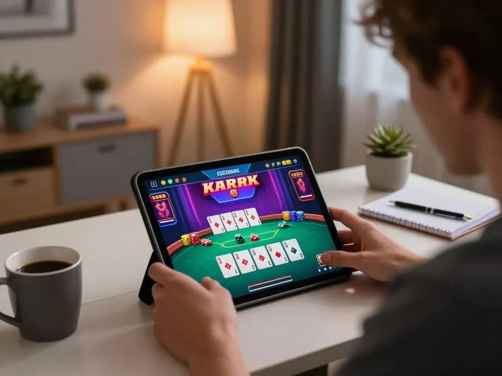 Engaging in strategic online poker with sunwingo at home, showcasing intense gameplay and cozy setup