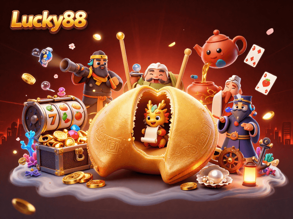 Experience big wins with Lucky88's golden fortune cookie and dazzling casino elements.