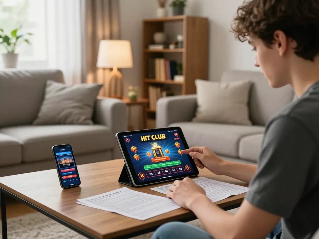 Engaging in strategic gameplay on HIT CLUB's platform in a cozy home setting.