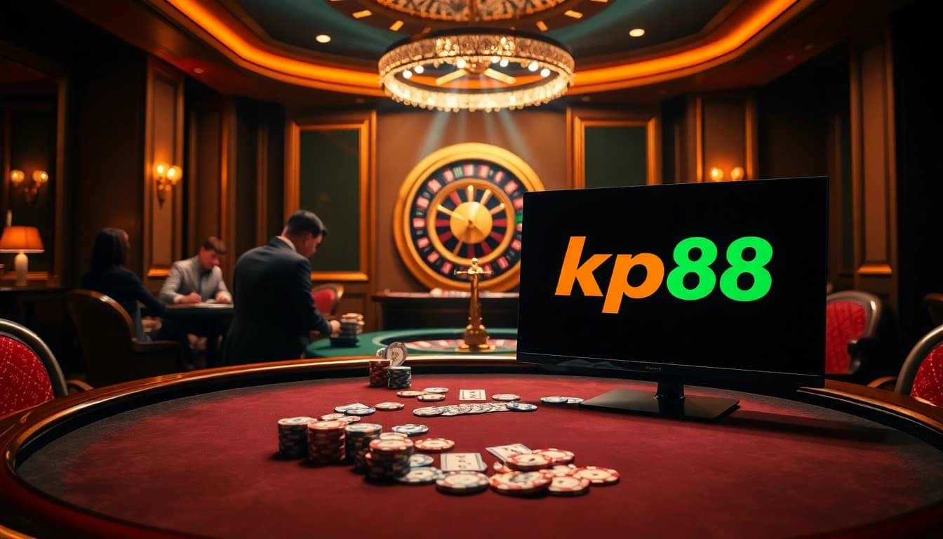 Experience the excitement of kp88 at a vibrant casino table filled with chips and playing cards.