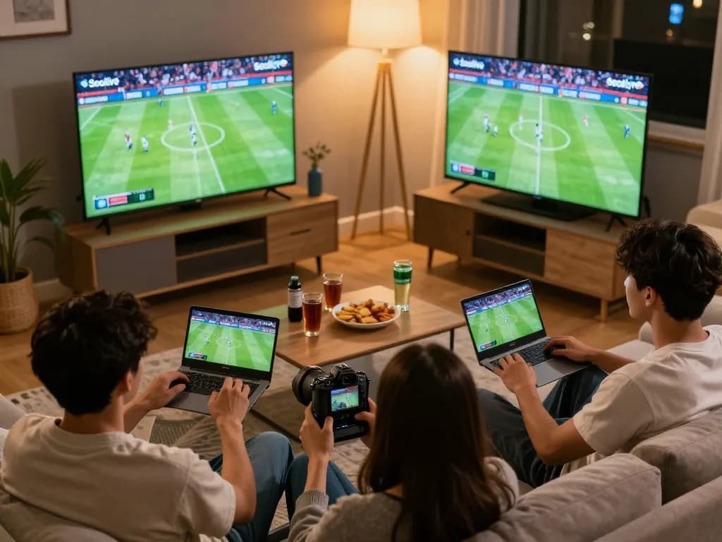 Socolive sports fans enjoying live football with snacks and drinks in a cozy setting
