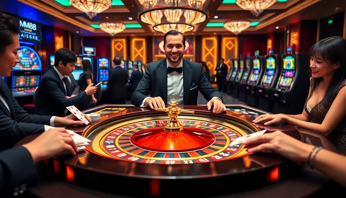 MM88 casino scene featuring a roulette table, excited players, and vibrant poker chips