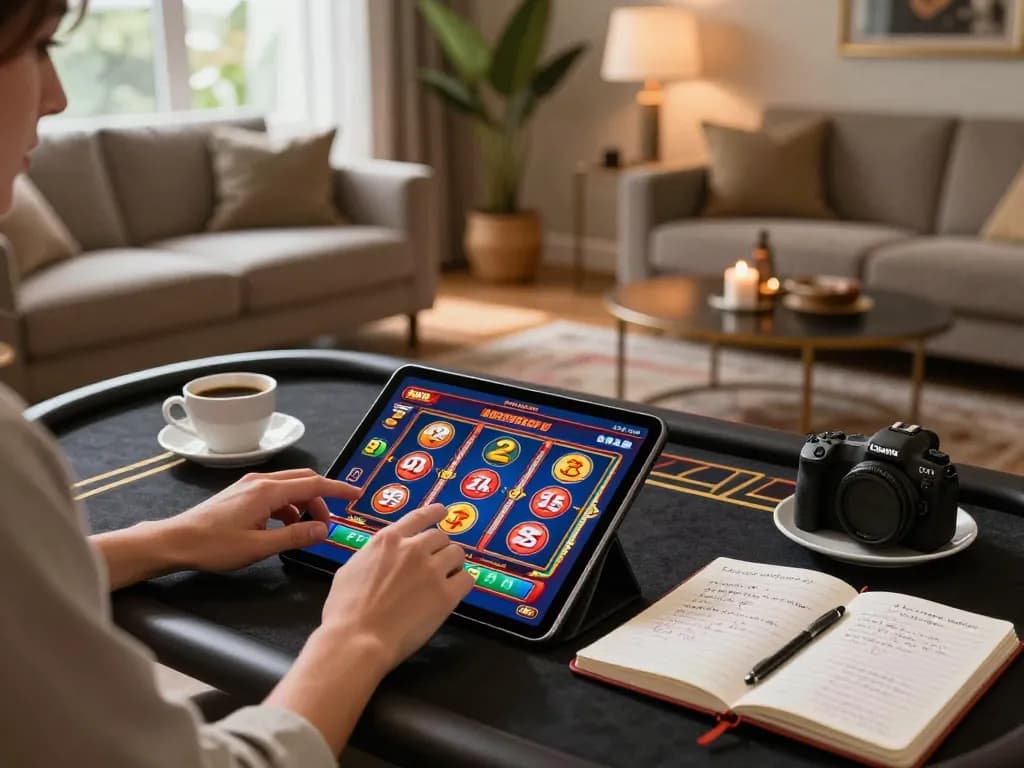 Player engaging with online casino games on tablet in a cozy environment, showcasing mb66-t's gaming excitement.