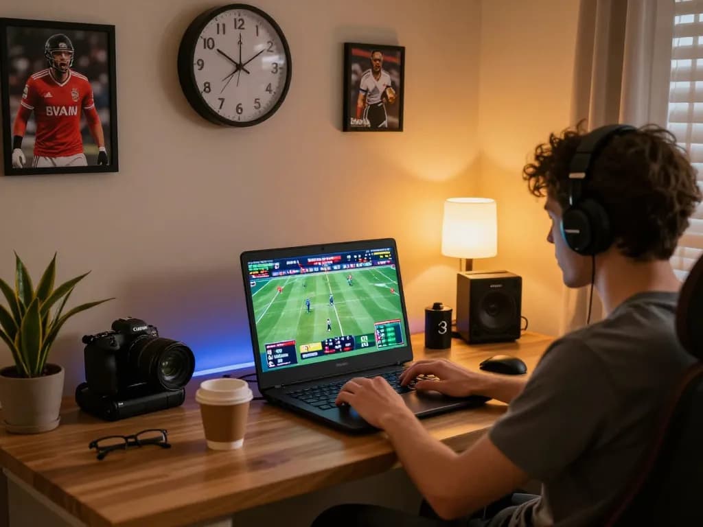 Engaged sports bettor at home using laptop for live betting at https://www.mnm88.com/ during exciting match.