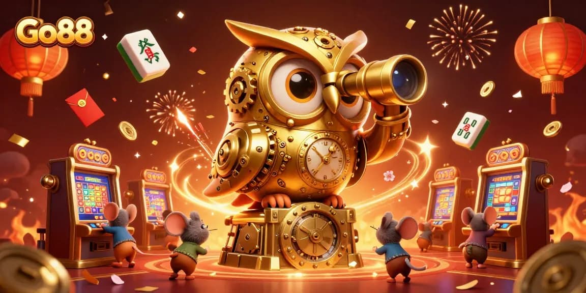 Experience exhilarating wins at Go88 with a vibrant casino scene featuring a clockwork owl and gaming excitement!