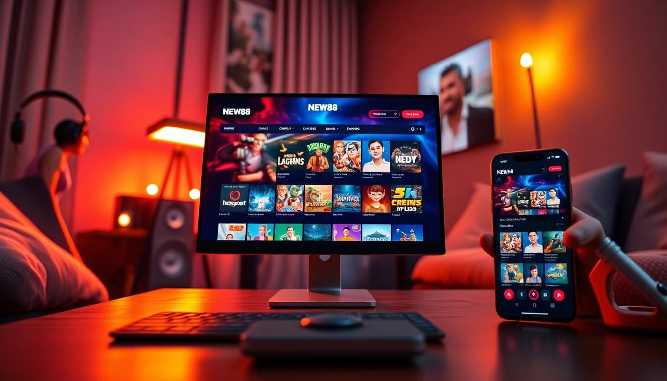 Engaging online gaming scene featuring new88go.com on a computer and mobile device interface.