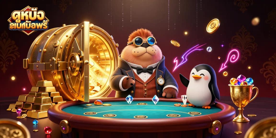 Experience the thrill of ดูหนังออนไลน์ฟรี with this vibrant online casino scene featuring cartoon characters and gold treasures.