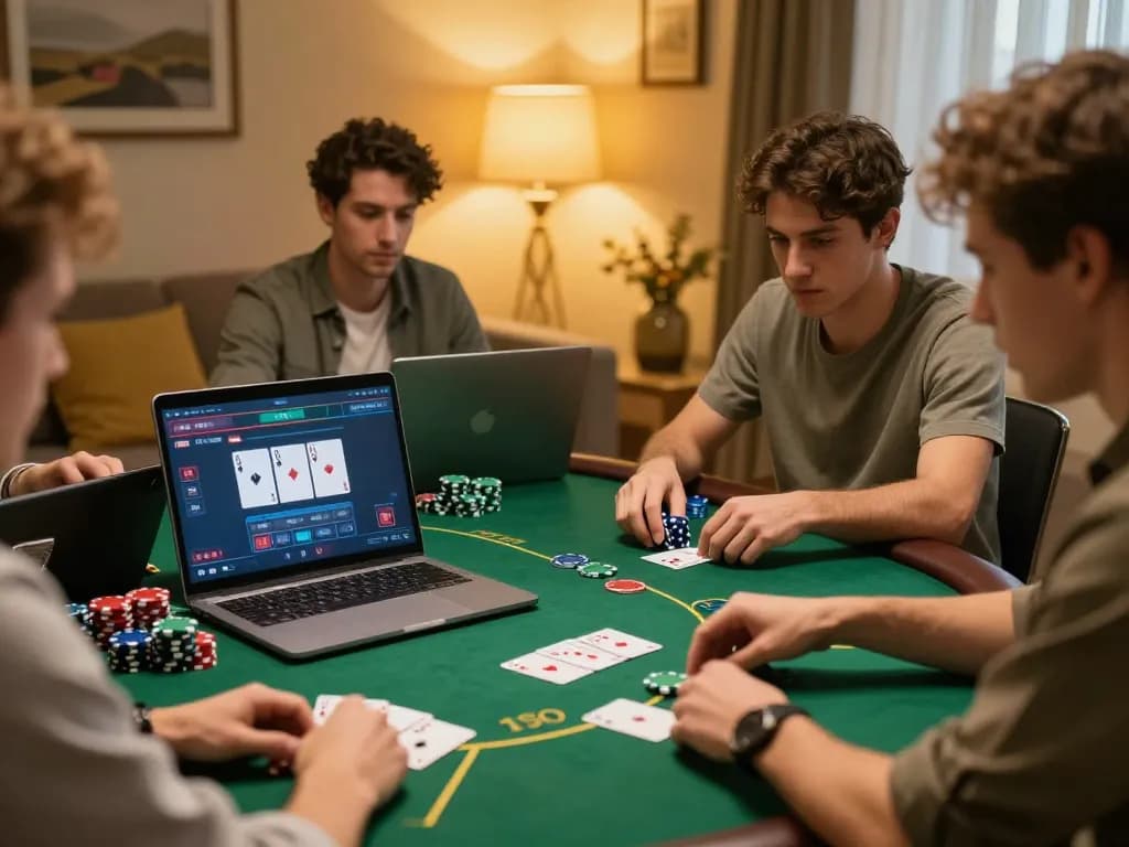 Players engaging in dynamic poker gameplay while using sin88 online casino on their laptops, showcasing strategic moments.