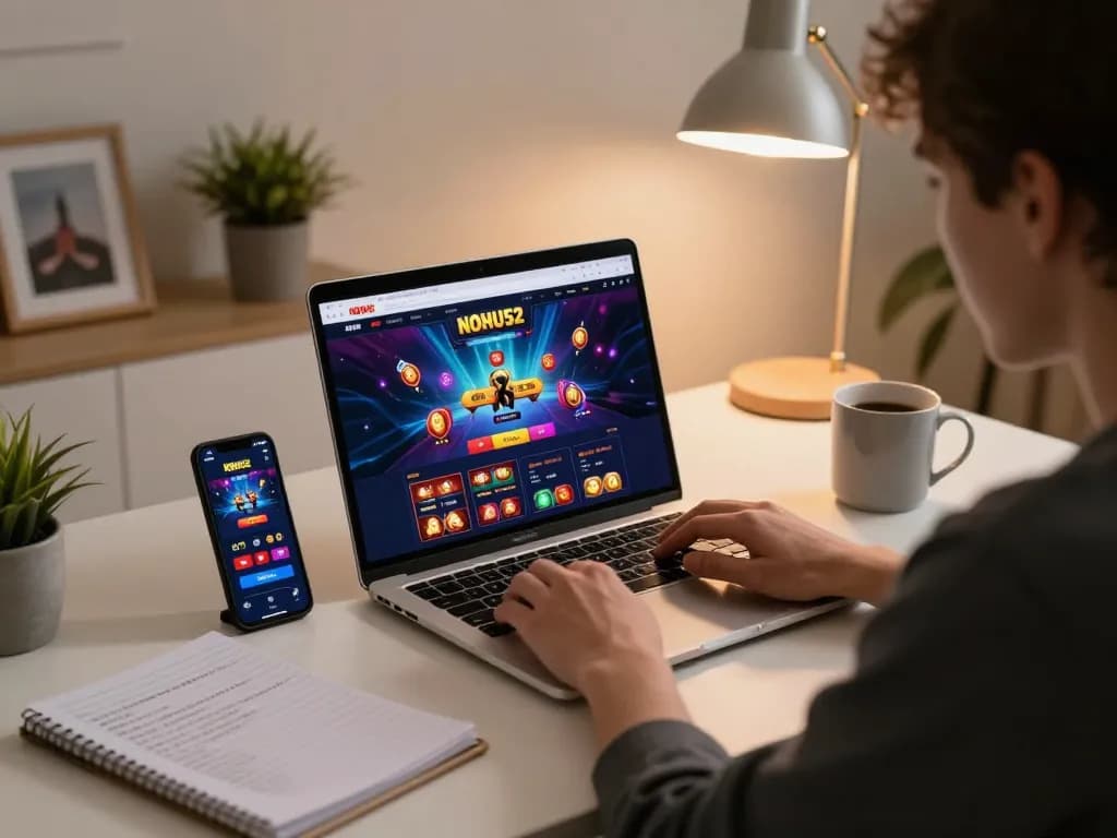 Engaged player using NOHU52 casino app on laptop while studying gaming strategies.