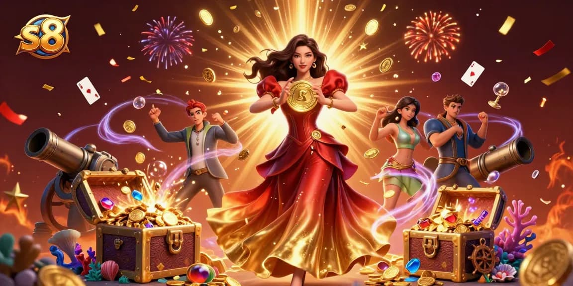 Experience thrilling gameplay at s8 with a gorgeous Asian woman featuring a golden coin amid an explosion of gems and casino elements.