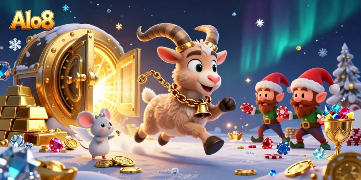 Alo8 presents a festive casino scene featuring Krampus, an angel mouse, and mischievous elves amidst gold treasures.
