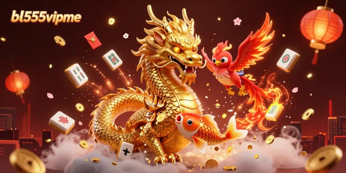 Engage with the electrifying world of bl555vipme as a golden dragon soars amidst coins and vibrant casino elements.