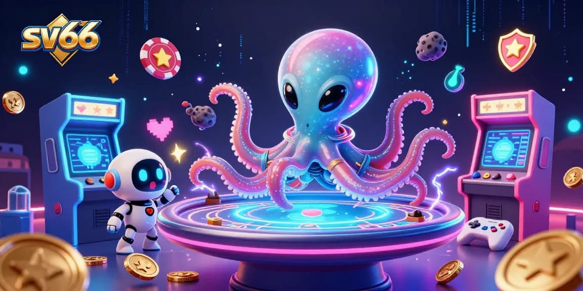 Engage with sv66's holographic poker table experience, as colorful game elements orbit in a vibrant 3D scene.