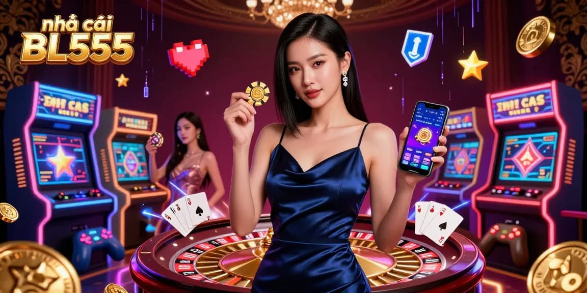 Experience the excitement at nhà cái BL555 with a stunning Asian woman holding a casino chip and smartphone amidst vibrant game elements.