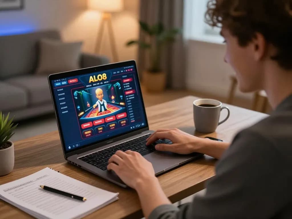 Player enjoying online ALO8 gaming session with engaging interface and cozy home setup.