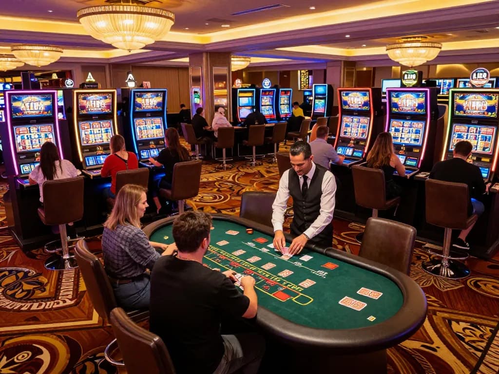 Players experiencing exhilarating gameplay at ALO8 casino with vibrant slots and warm lighting