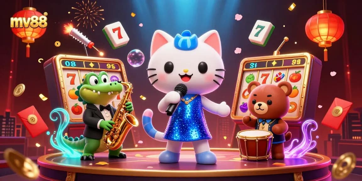 Experience high-energy excitement with mv88 through vibrant casino-themed characters and dynamic symbols.