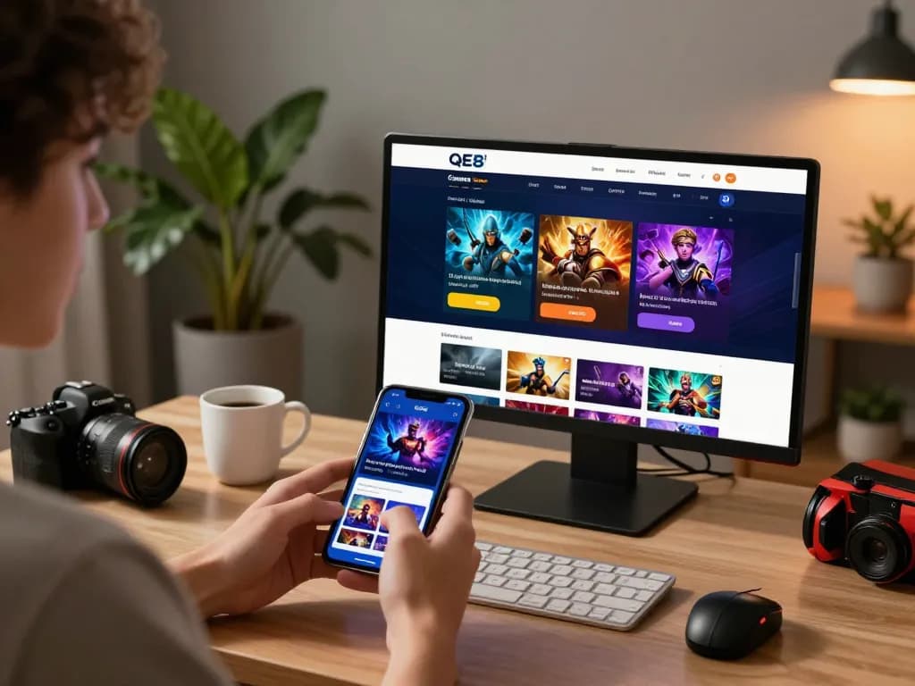 Engaging user on QE8 betting platform with vibrant games on smartphone.