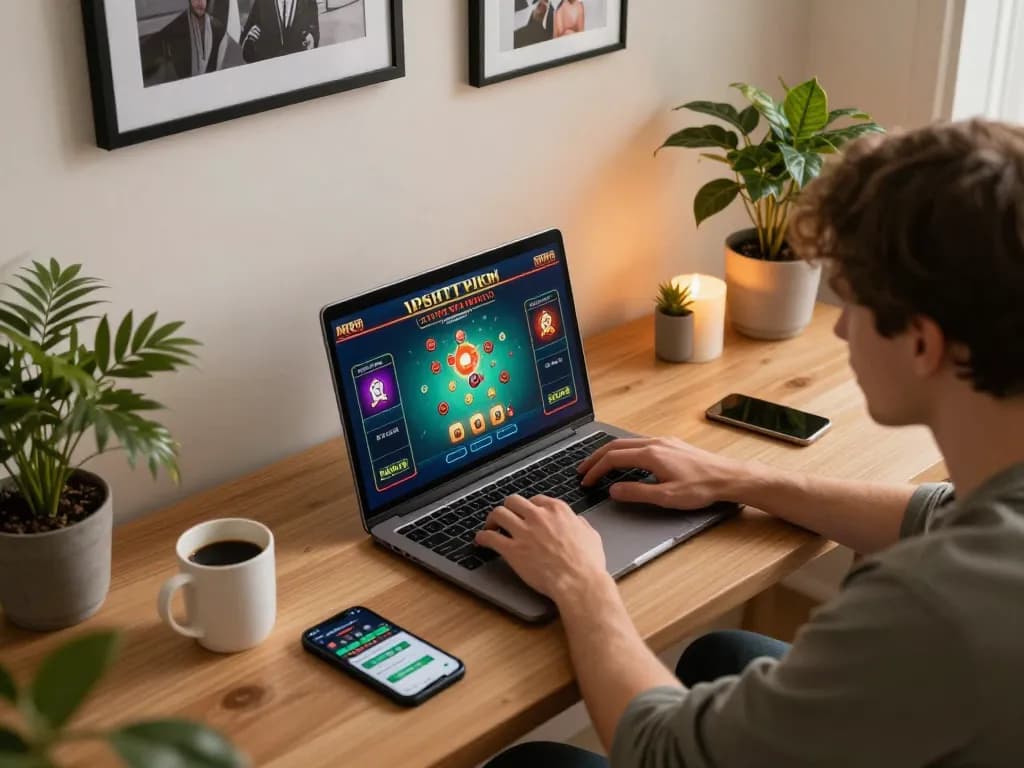 Xibet player engaging in online betting at a stylish home office setup with a laptop and smartphone