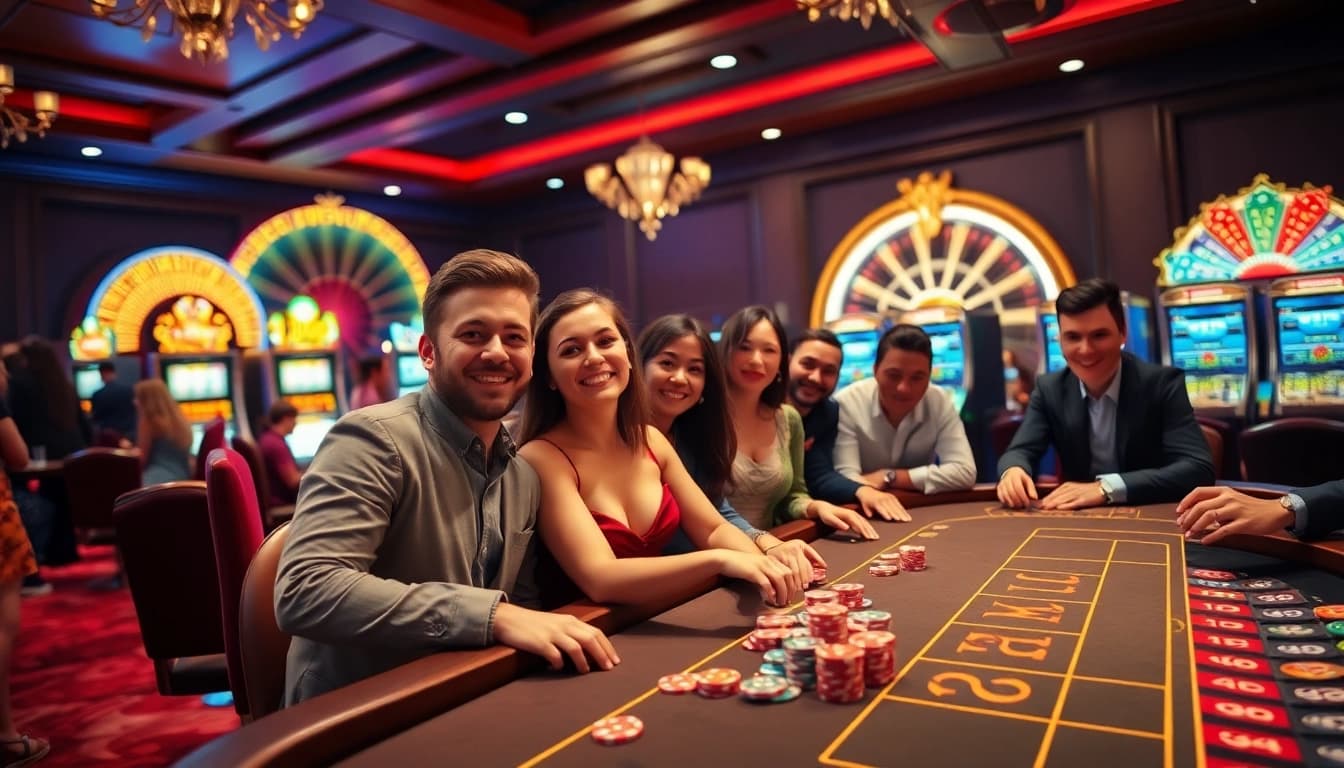 Players enjoying an exciting gaming experience at 23win casino, featuring vibrant slot machines and poker action.