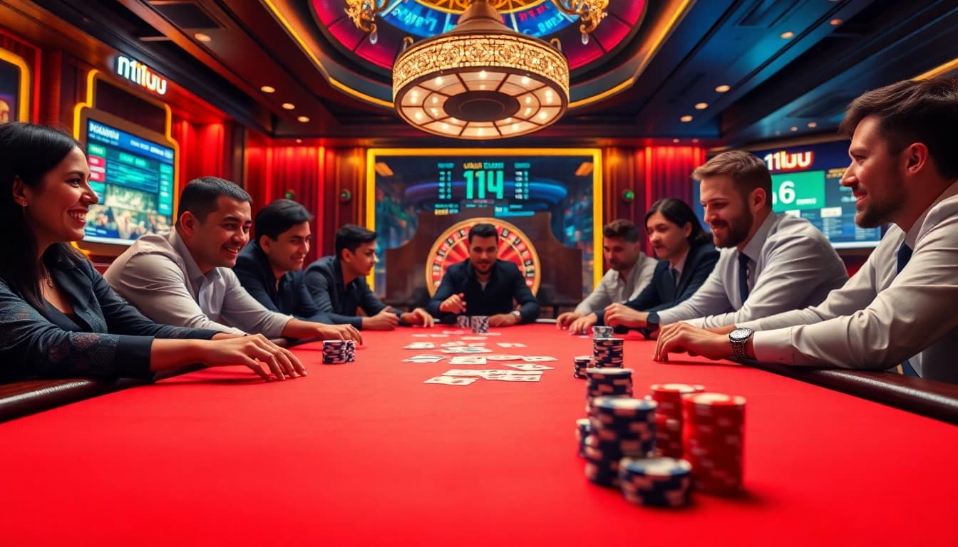 11uu poker game with chips and cards in a vibrant casino atmosphere