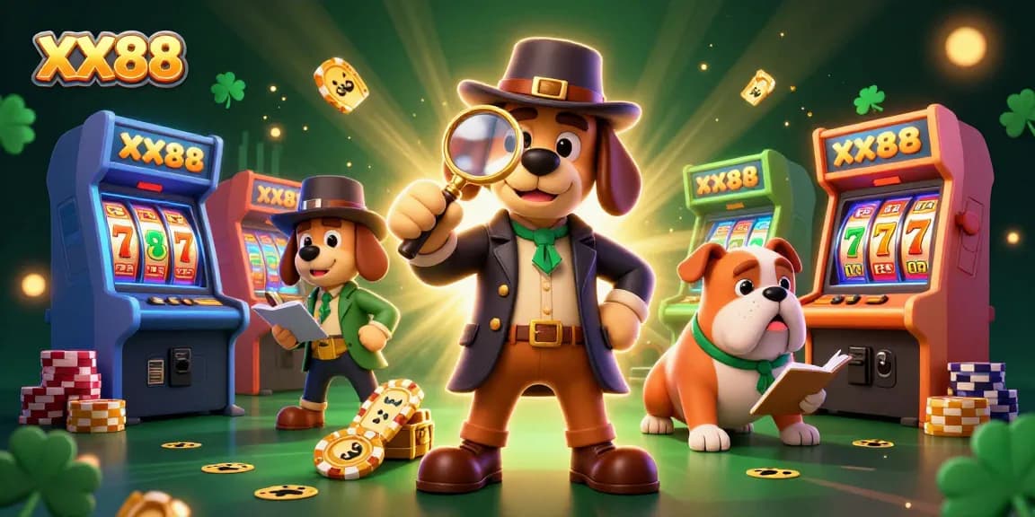 Engage with the exciting world of XX88 as the detective discovers poker chip clues amidst vibrant gaming elements.