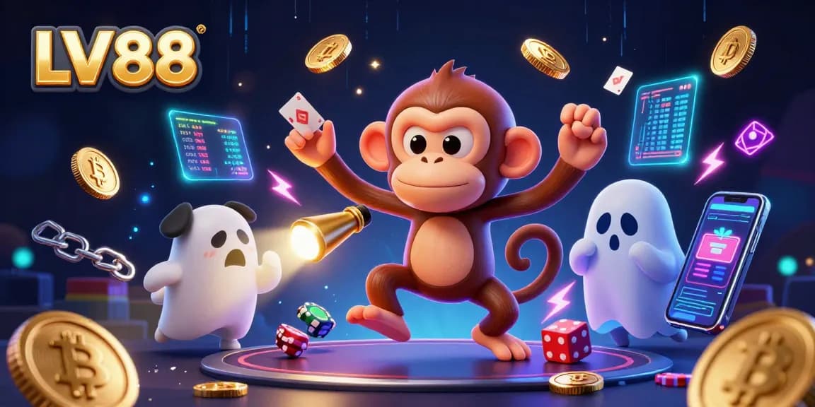 Experience thrilling gameplay at LV88 with our dynamic casino scene featuring a mischievous monkey and ghost-hunting puppy.