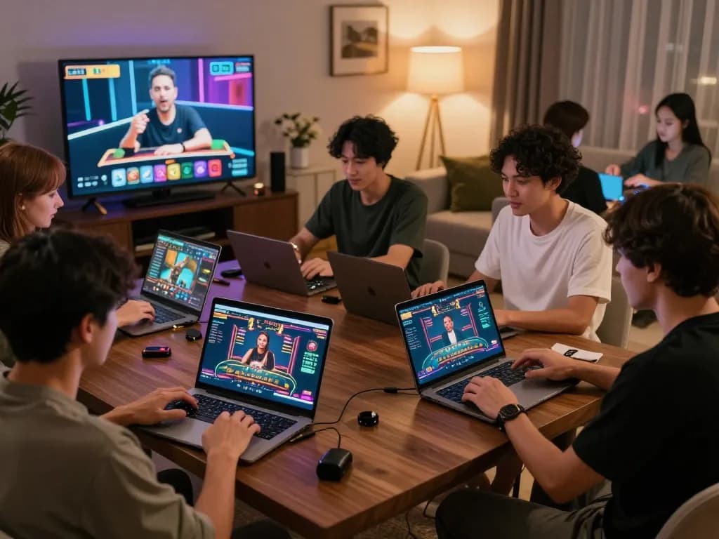 Engaging online gaming session at https://tr88.golf/, players interacting with live dealers and animated games in a cozy setting, showcasing an immersive experience.