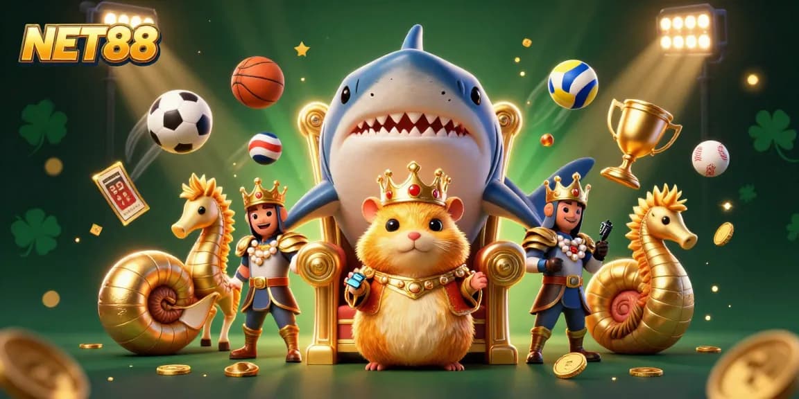 Experience NET88 with a fierce golden hamster king and vibrant sports betting elements in a dynamic illustration.