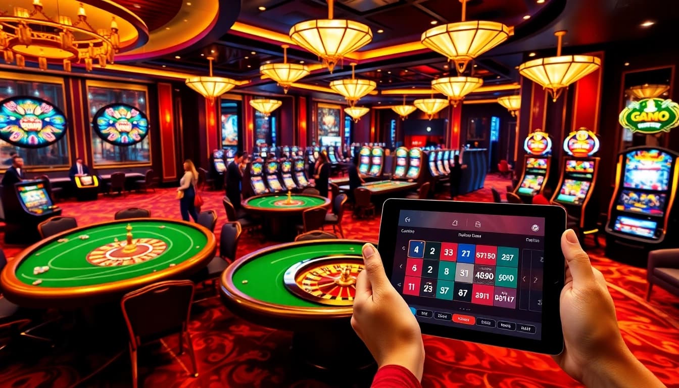 Players enjoying gambling excitement at 69vn.gb.net casino, featuring poker and roulette tables.
