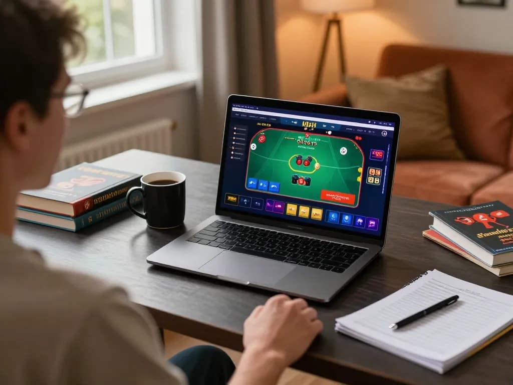 Engaging scene of MM88 player using laptop for strategic online gaming and betting