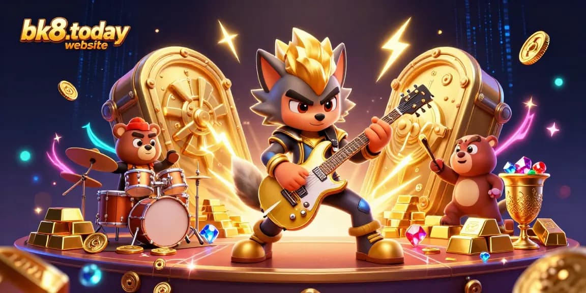 Bursting with excitement, the bk8.today website features a vibrant 3D casino scene with a rock star wolf and dynamic game elements.