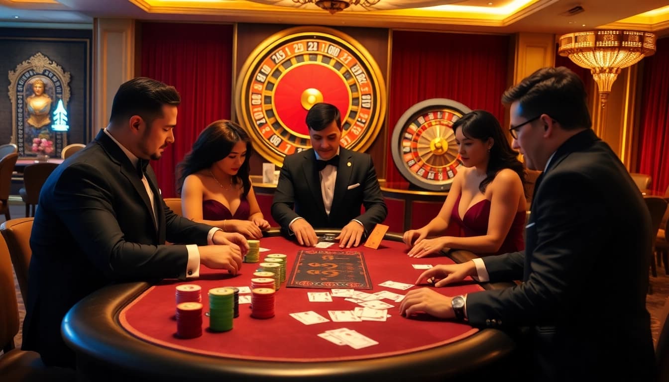 Experience thrilling poker action at 98win's luxury casino with vibrant chips and intense players.