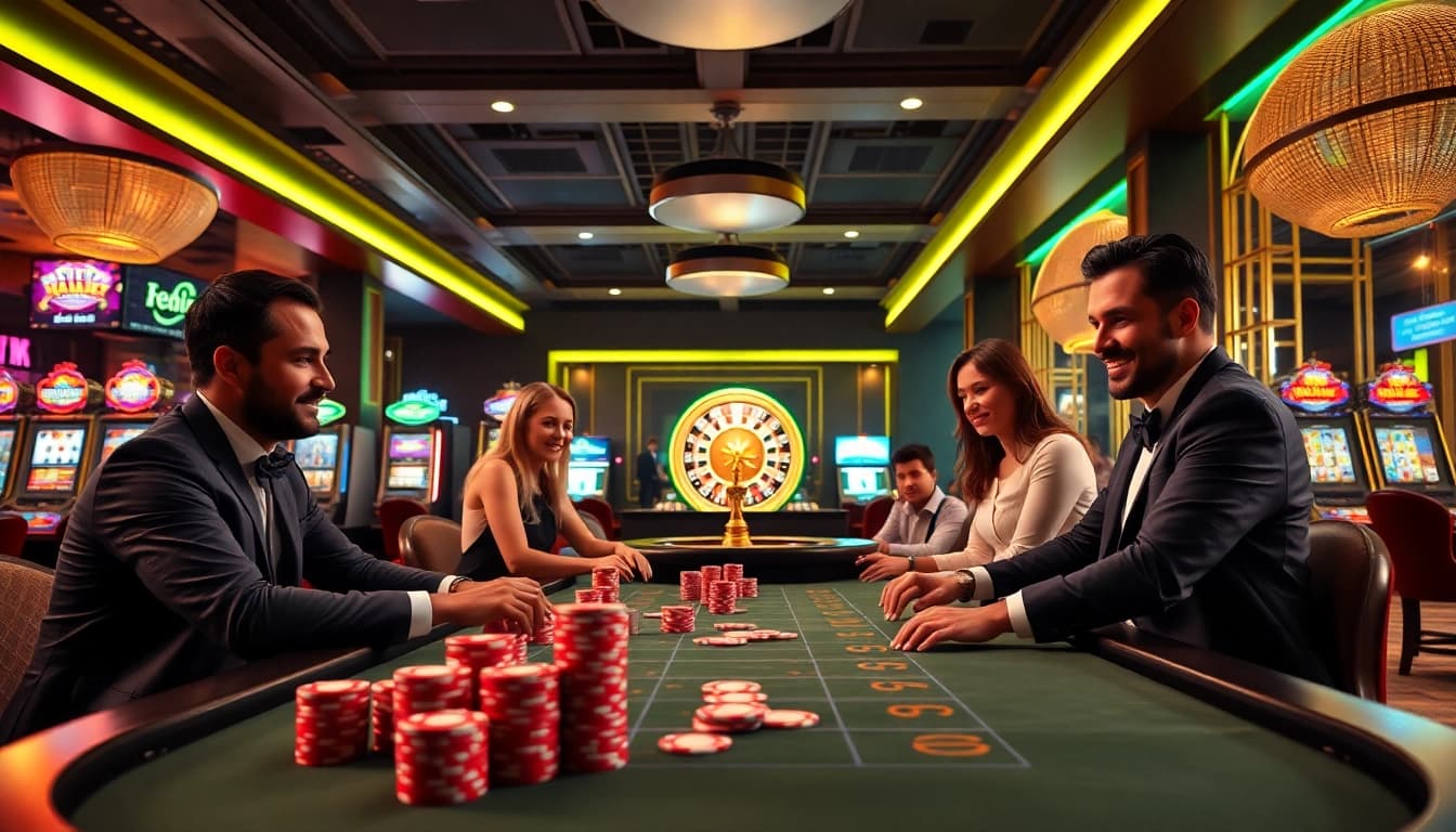 Players celebrating their wins at the 88aa casino, with vibrant slot machines and gambling tables.