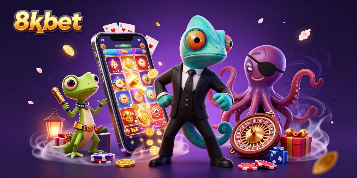 8xbet slot machines come alive in an engaging 3D scene with chameleon, gecko, and octopus characters.
