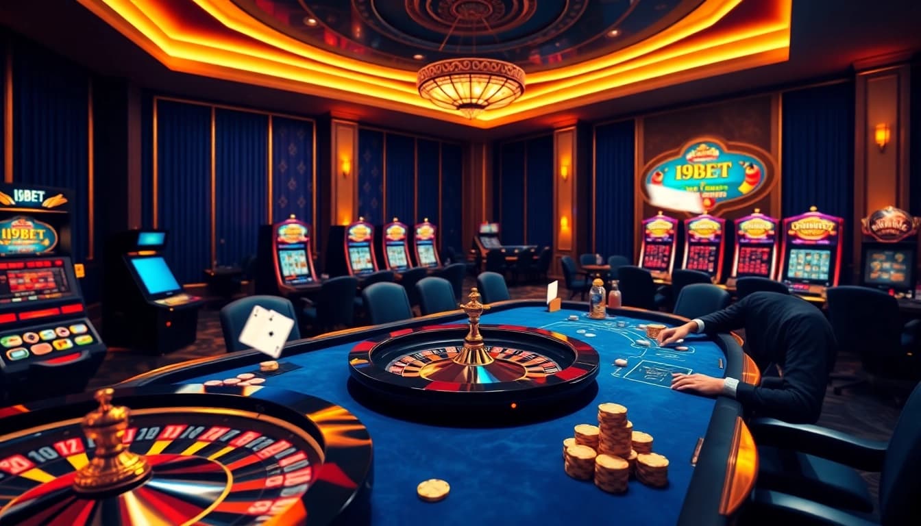 I9BET online casino experience featuring vibrant slot machines and poker chips at a roulette table.
