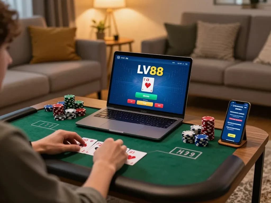 Player enjoying the LV88 gaming app on a laptop, surrounded by poker chips and an inviting home atmosphere.
