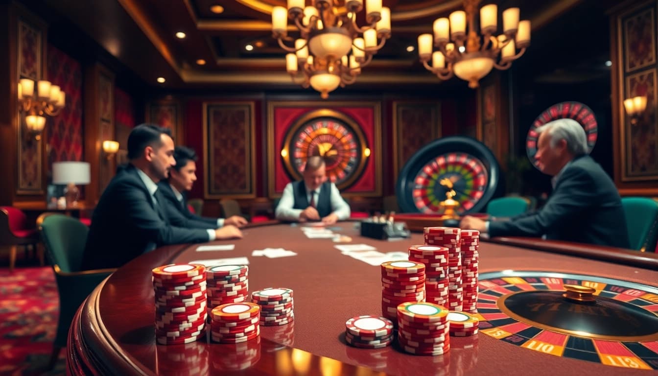 Engaged players at 77bet's luxurious poker table surrounded by vibrant chips and cards.