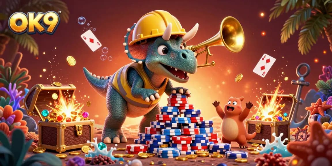 Experience exciting gaming with OK9's vibrant casino scene filled with cheering characters and rich gaming elements.