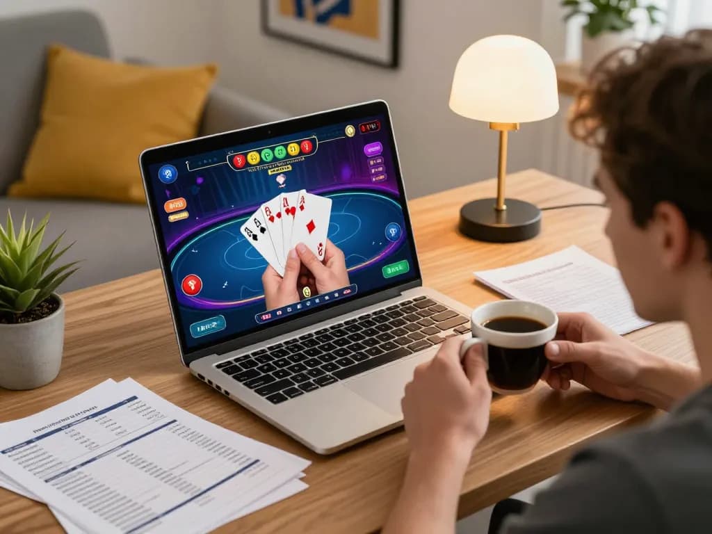 79KING player engaged in strategic online poker session at home, showcasing vibrant gaming interface.