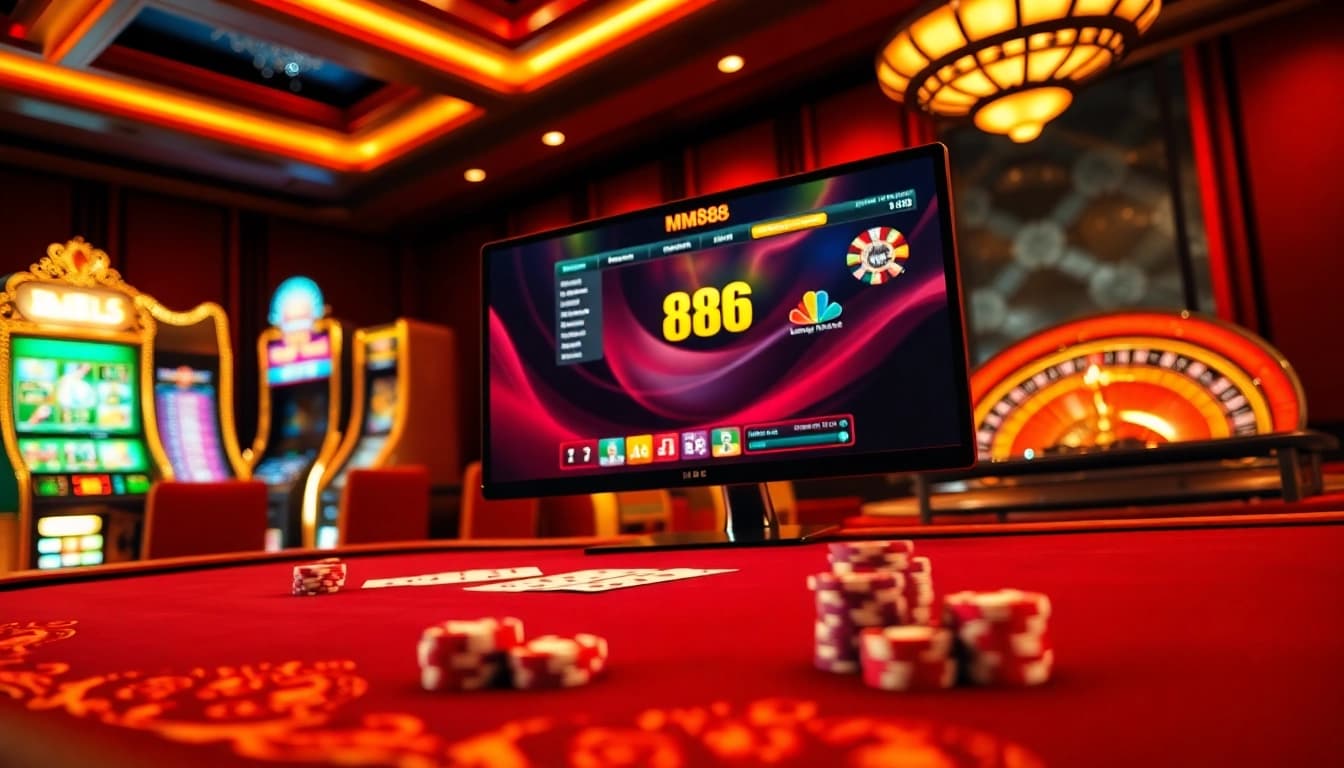 Experience the thrill of online gaming at MM88 with vibrant poker action and luxurious casino elements.