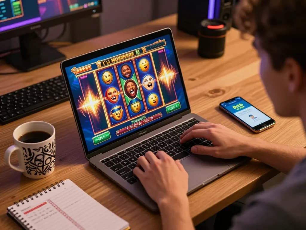 Person playing slot game on 88clb app from comfortable home setup, showing excitement and engagement.