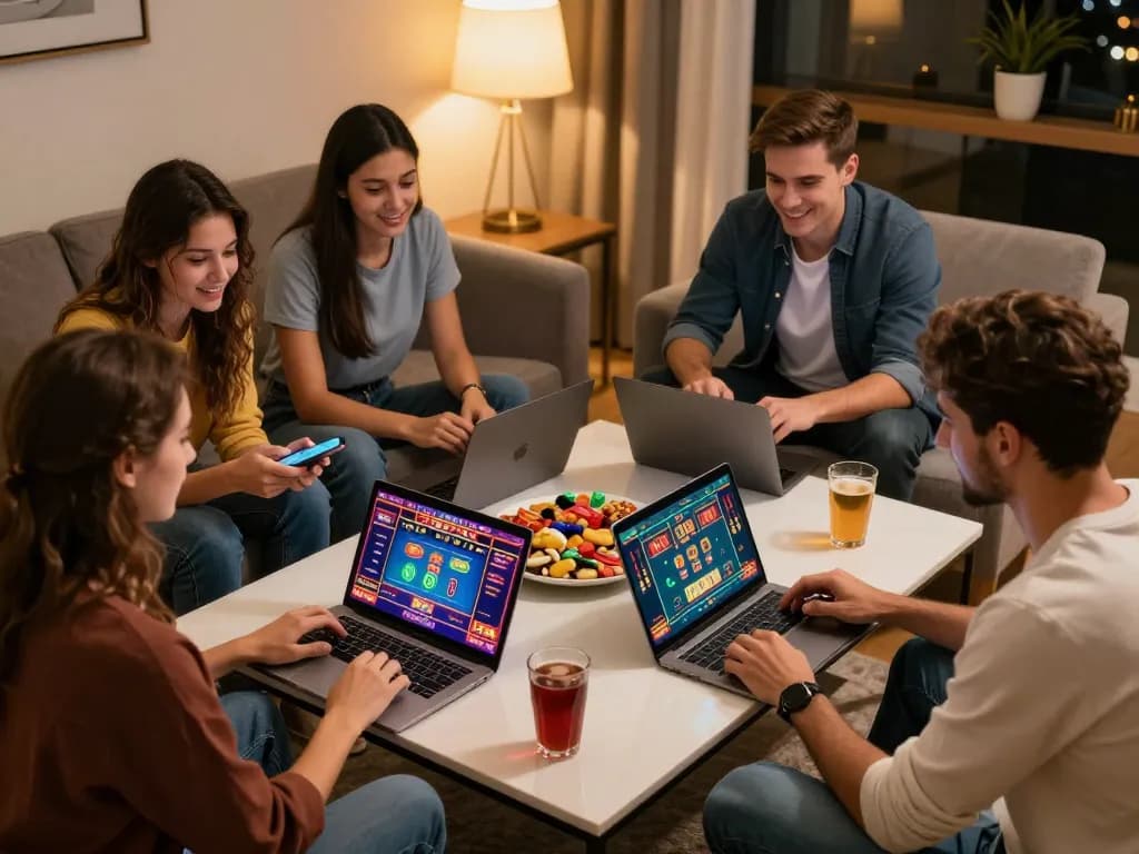 Participants enjoy online gaming at home with hitclub on their devices, engaging in friendly competition.
