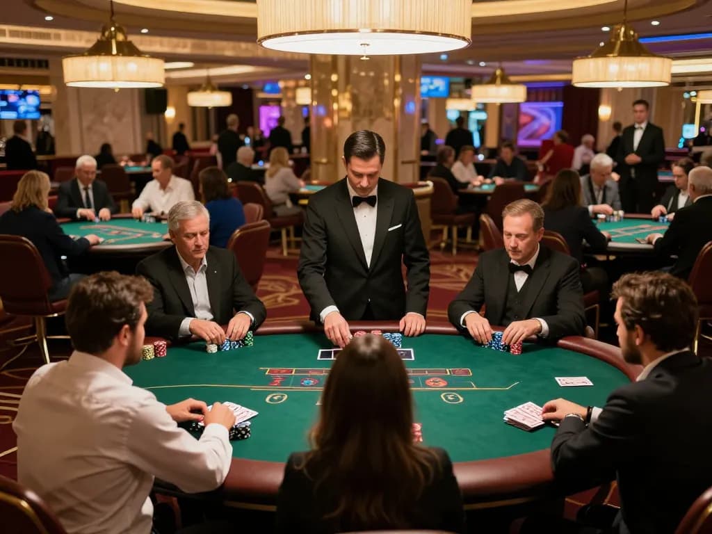 Players strategizing at HITCLUB poker tournament with vibrant casino lighting and chips.