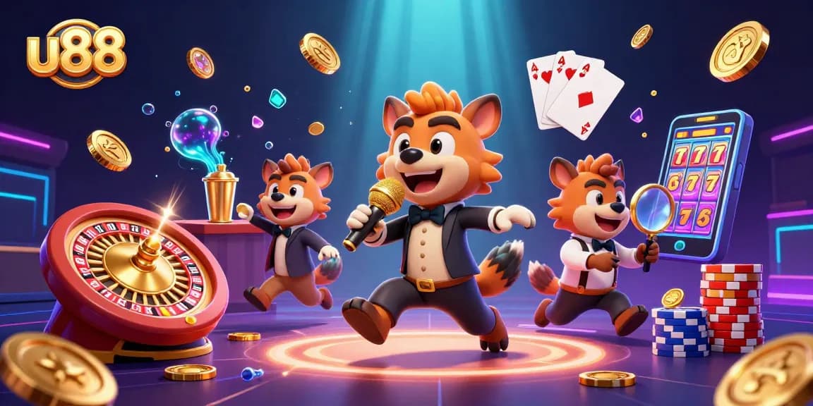 Experience thrilling gameplay at U88's vibrant casino club with 3D hyenas, golden coins, and colorful chips.