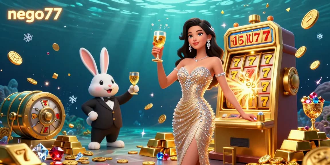 Nego77 players enjoying a vibrant casino scene with a woman toasting beside an exploding jackpot slot machine.