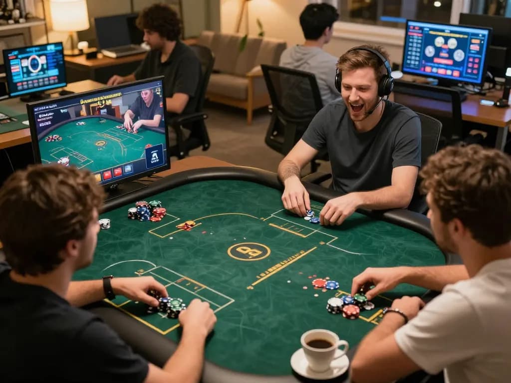 Players enjoying a thrilling online poker game on Jun88's platform in a cozy home setting