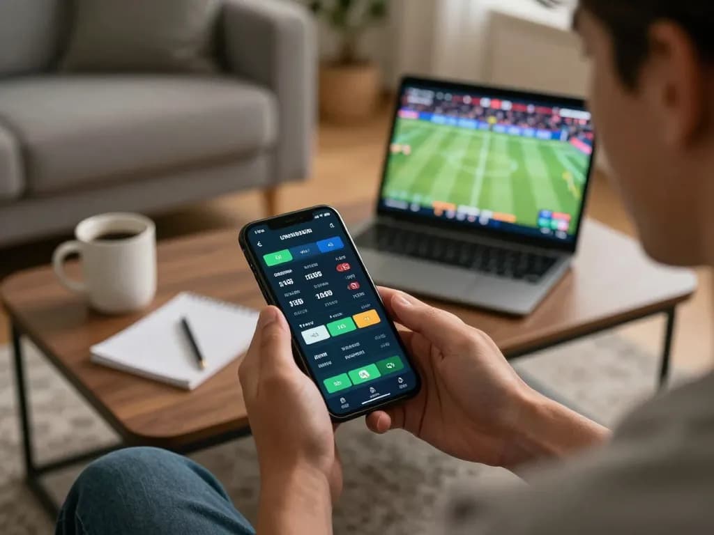 Place strategic bets on 68win with a mobile app in a cozy living room setting.
