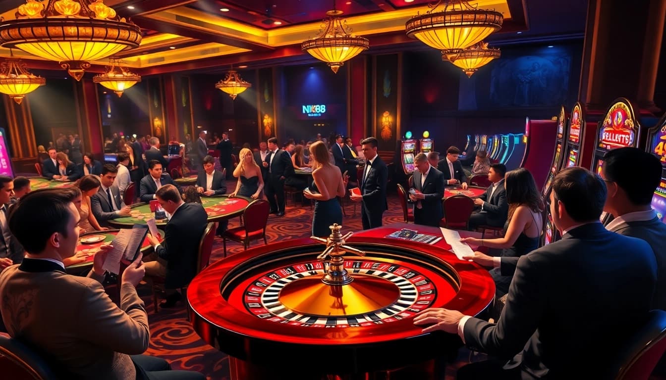 Experience electrifying action at a luxurious casino with NK88 gaming elements in lively atmosphere.